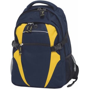 A navy and yellow backpack with multiple compartments and mesh side pockets. It features a logo on the front.