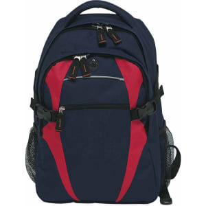 A navy blue and red backpack with multiple compartments and a mesh side pocket. It features a logo on the front.