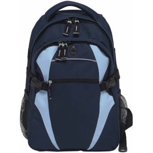 A navy and light blue spliced backpack featuring adjustable straps, pockets, and a branded logo.