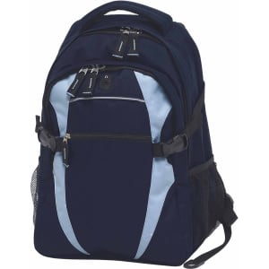 A navy blue and light blue backpack with multiple compartments and a mesh side pocket. It features a logo on the front.