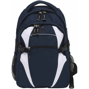 A navy blue and white backpack with a logo, featuring multiple compartments and mesh side pockets.