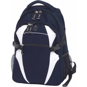 A navy blue backpack with white accents, featuring multiple compartments and a side mesh pocket. It has a logo.