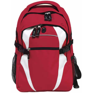 A red and white backpack featuring multiple compartments and a mesh side pocket. It includes a logo.
