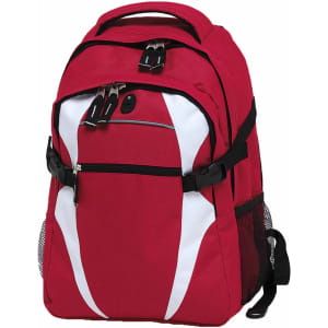 A red and white Spliced Zenith Backpack featuring multiple compartments and mesh side pockets. It has a logo.