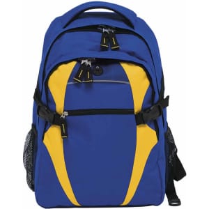 A blue and yellow Spliced Zenith Backpack featuring multiple compartments and a side mesh pocket. It has a branding logo.