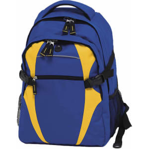 A blue and yellow backpack featuring multiple compartments, zippers, and mesh side pockets. It has a logo on the front.
