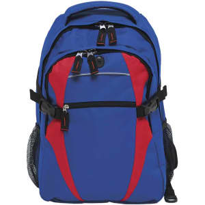 A blue and red backpack featuring multiple zippered compartments and mesh side pockets, with a logo on the front.
