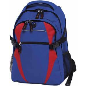 A blue and red backpack with multiple compartments, featuring adjustable straps and a side mesh pocket.