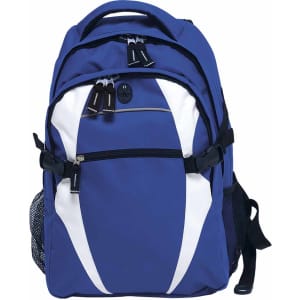 A blue and white backpack featuring multiple compartments, zippers, and a mesh side pocket. It includes a logo.