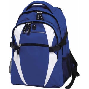 A blue and white backpack with multiple compartments and a side mesh pocket. It features a logo on the front.