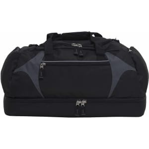 A black duffle bag with grey accents featuring multiple zippered compartments and handles, and a small logo.