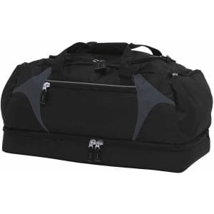 A black duffle bag featuring grey accents and multiple zippered compartments, with a logo displayed.