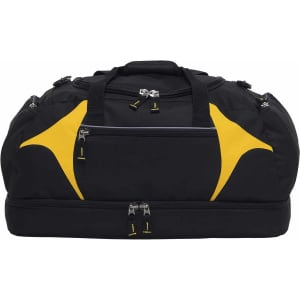 A black sports bag with yellow accents, featuring multiple zippered compartments and a sturdy handle. It has branding.