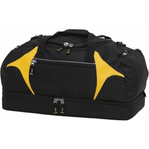A black duffle bag with yellow accents, featuring multiple zippered compartments and a sturdy handle.