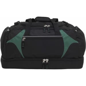 A black duffle bag with green accents and multiple zippered compartments. It features a sturdy handle and branding.