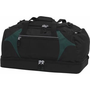 A black sports duffle bag with green accents and multiple zippered compartments. It features a logo on the front.