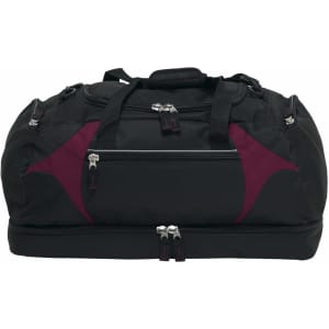 A large black duffle bag with maroon accents and multiple zippered compartments. It features handles and a logo.