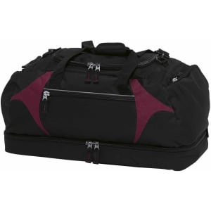 A black duffle bag with maroon accents, featuring multiple zippered compartments and a sturdy handle.