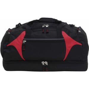 A black duffle bag with red accents, featuring multiple zippered compartments and sturdy handles.