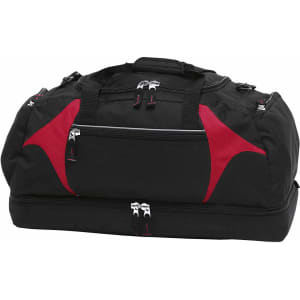 A black duffle bag with red accents, featuring multiple zippers and compartments, and includes a logo.