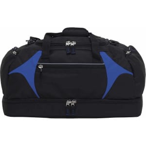 A black duffle bag with blue accents, featuring multiple zippered compartments and sturdy handles.