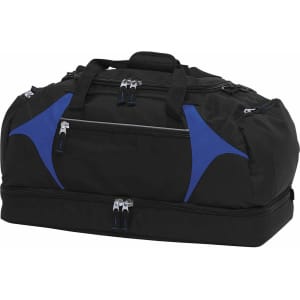 A black duffle bag with blue accents, featuring multiple zippered compartments and a sturdy handle.