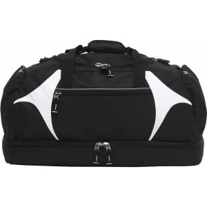 A black duffle bag with white accents, featuring multiple zippered compartments and a sturdy handle.