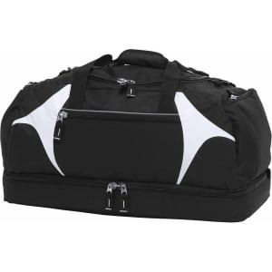 A black duffle bag with white accents and multiple zippered compartments, featuring a logo.