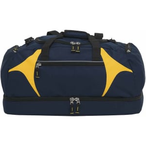 A navy duffle bag with yellow accents, featuring multiple zippers and carrying handles, and a logo.