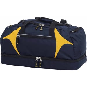 A navy blue duffle bag with yellow accents and multiple zippered compartments. The bag features a logo on the side.
