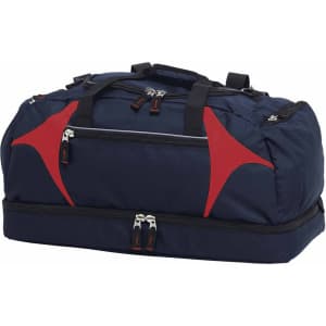A navy blue duffle bag with red accents, featuring multiple zippers and carrying handles, plus a logo.