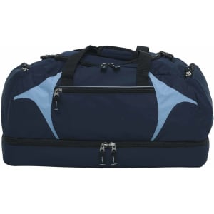A navy duffle bag with light blue accents and multiple zippers, featuring carry handles and a logo.