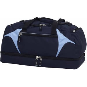 A navy blue duffle bag with light blue accents and multiple zippered compartments. Features a logo.