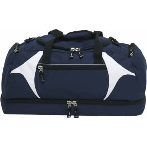 A navy blue duffle bag with white accents and zippers, featuring a logo on the front.