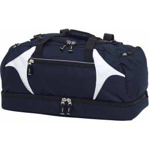 A navy blue duffle bag with white accents, featuring multiple zippers and a branding logo.