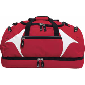 A red duffle bag with white accents, featuring multiple zippered compartments and black handles.