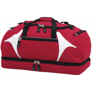 A red duffle bag with white accents, featuring multiple zippers and handles, along with a logo.