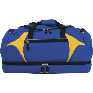 A blue and yellow duffle bag with multiple zippered compartments and a top handle. It features branding.
