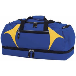 A blue and yellow duffle bag with two zippered compartments and sturdy handles, featuring a logo.