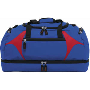 A blue and red duffle bag featuring multiple zippered compartments and a sturdy handle. It also has a logo.
