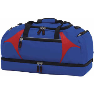 A blue and red duffle bag featuring multiple zippered compartments and handle straps, with a logo present on the surface.