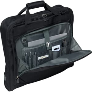 A black garment bag featuring multiple compartments, including space for a laptop, pens, and other accessories.