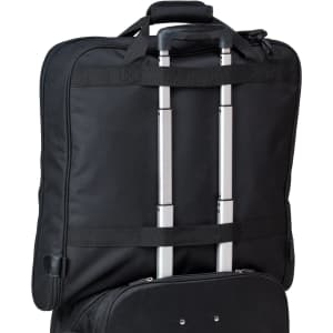 A black garment bag with extendable handles and wheels for easy transport. It features a sturdy design and a logo.