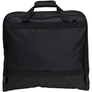 A black garment bag with two top handles, featuring a sleek design and a small metal attachment.