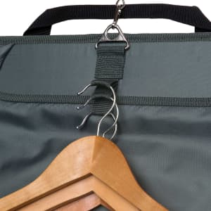 A grey Transporter Garment Bag featuring a hook for hangers and a sturdy handle. It has a branded logo.
