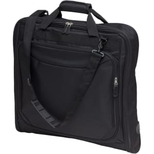 A black Transporter Garment Bag with multiple compartments and a shoulder strap, featuring a handle for easy carrying.