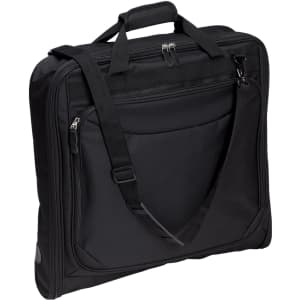 A black Transporter Garment Bag featuring handles and an adjustable shoulder strap, with a zippered opening and front pocket.