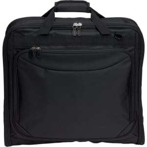 A black garment bag with dual zippers and top carry handle, featuring a sleek, minimalist design.