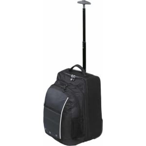 A wheeled travel bag in black with a retractable handle and zippered compartments. Features mesh side pockets and a logo.