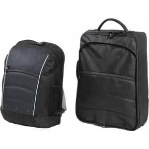 A black wheeled travel bag with multiple compartments, featuring a mesh pocket and a sturdy handle.